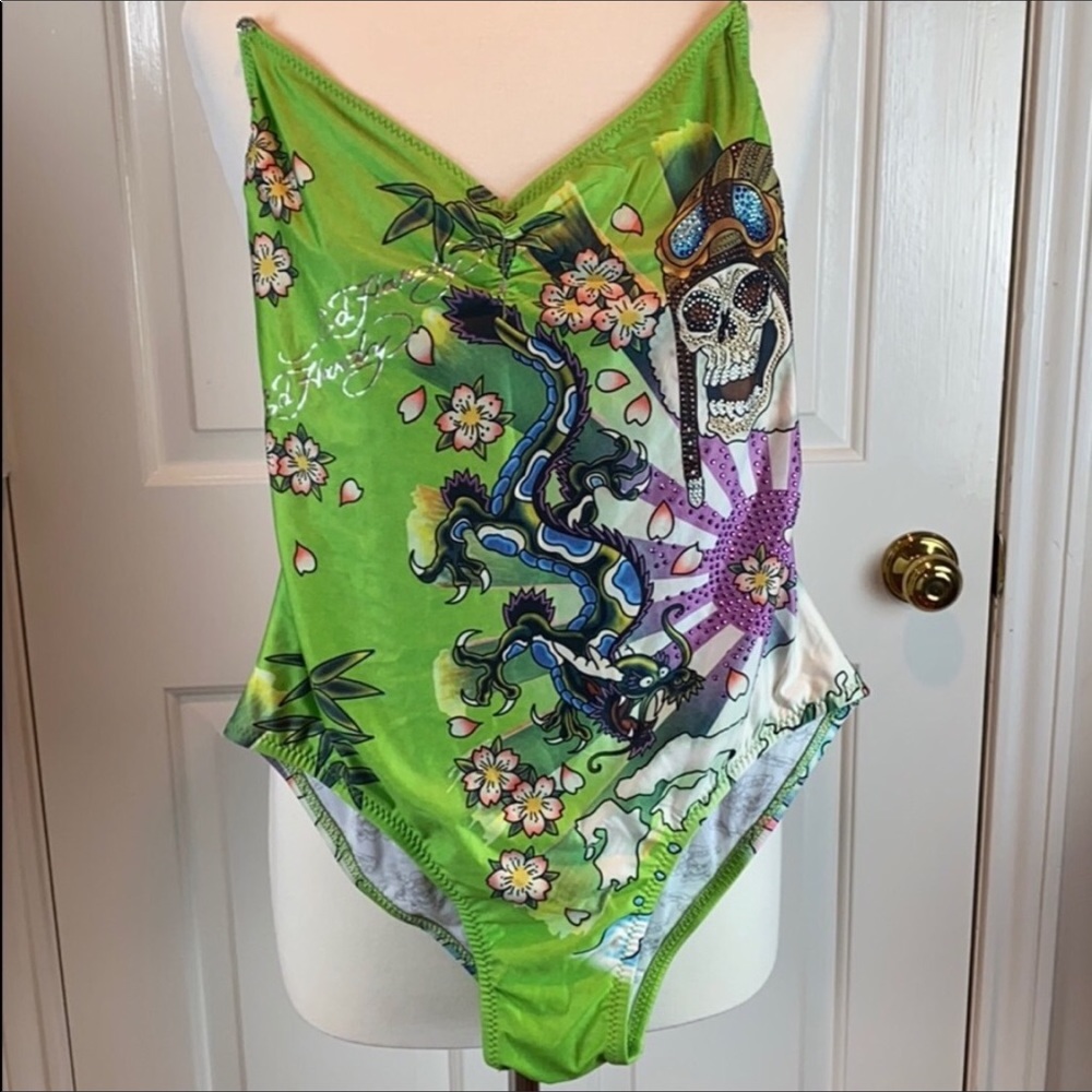 Ed Hardy lime green swimsuit with embellishments